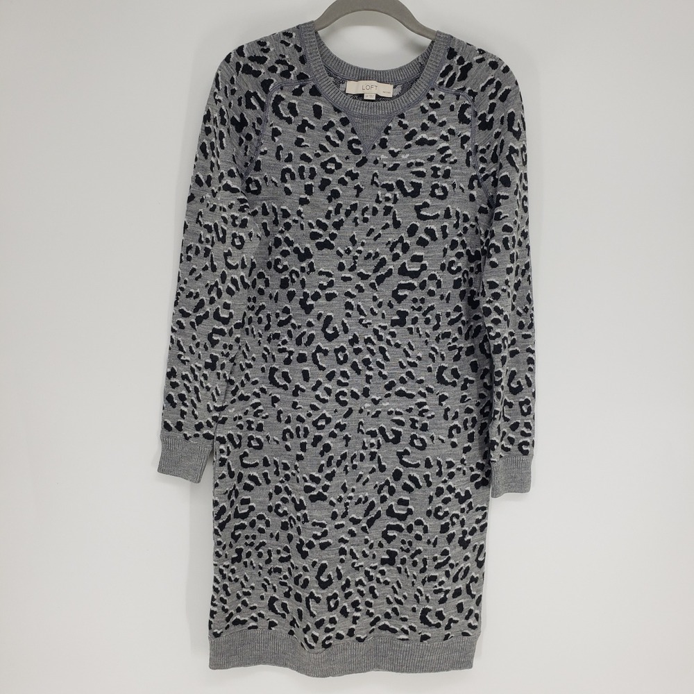 LOFT Leopard Print Sweater Mini Dress Sz SP Small Petite Gray Black Wool Blend
